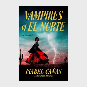 A woman stands dramatically in a red dress amidst a stormy desert with lightning, flanked by cacti. Text reads 