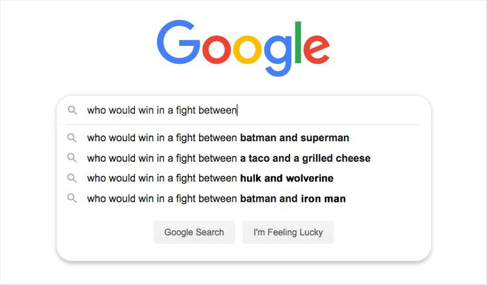 google search bar with auto fill suggestions