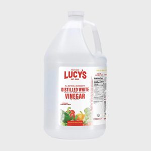 White vinegar jug features label with 