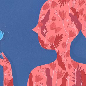 Outline of girl in pink holding blue flower against dark blue color