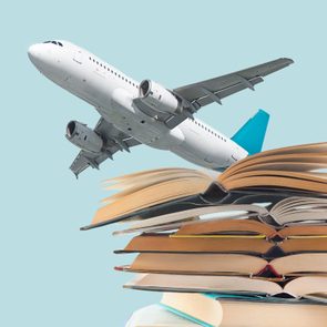 Airplane soaring above a stack of open books, set against a light blue background.