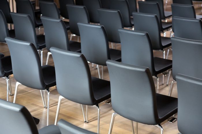 Rows of new chairs in the presentations hall