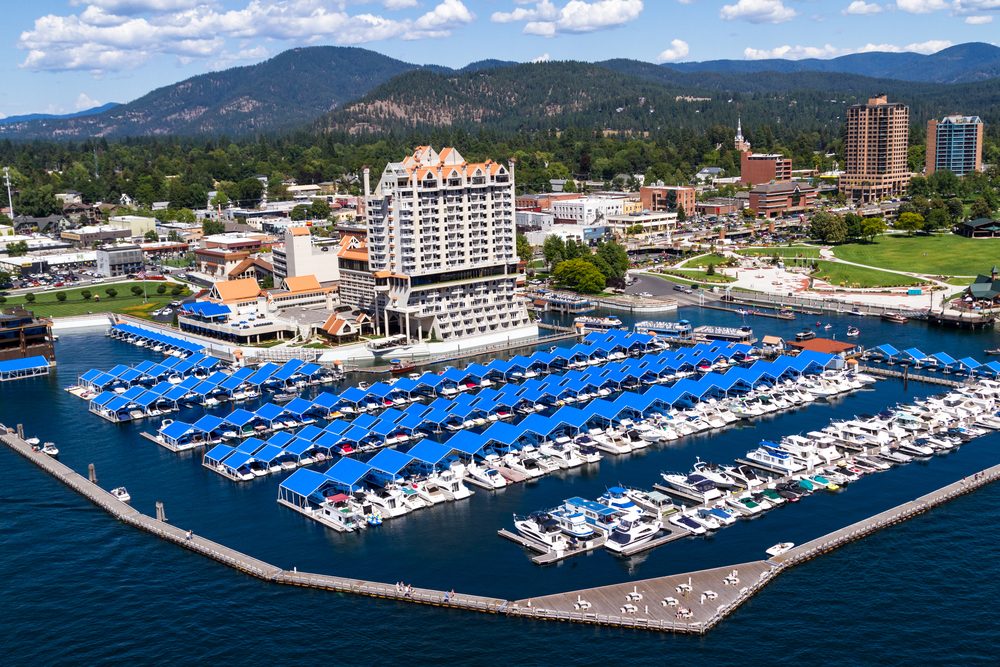 Coeur d' Alene, Idaho - August 12: Aerial view of The Coeur d' Alene resort and Marina. August 12 2016, Coeur d' Alene, Idaho.