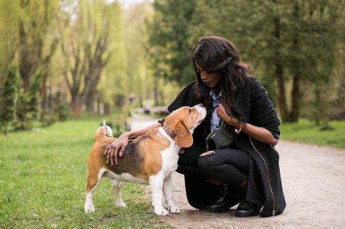 african american woman walking dog