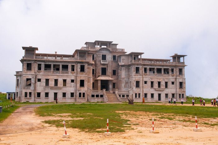 Kampot. Cambodia . May 9. 2014 Abandoned hotel 'Bokor Palace' in Ghost town Bokor Hill station near the town of Kampot. Cambodia