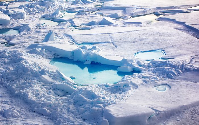 Floe at North pole (90 degrees) in 2016. Area of recent compression of ice fields and tending (ice rubble pileup)