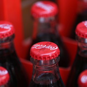 Bottles with red caps displaying 