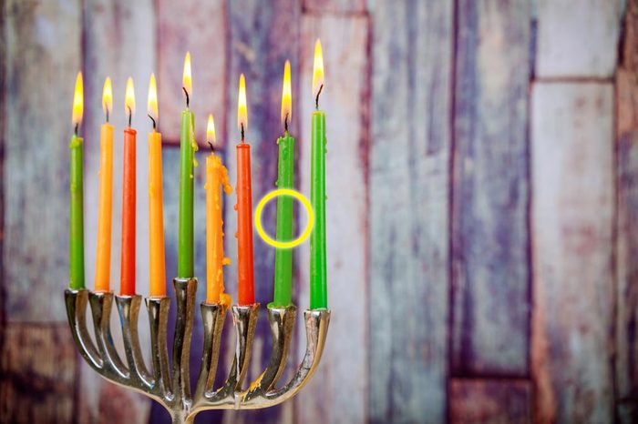 Jewish holiday hannukah symbols - menorah. Copy space background.
