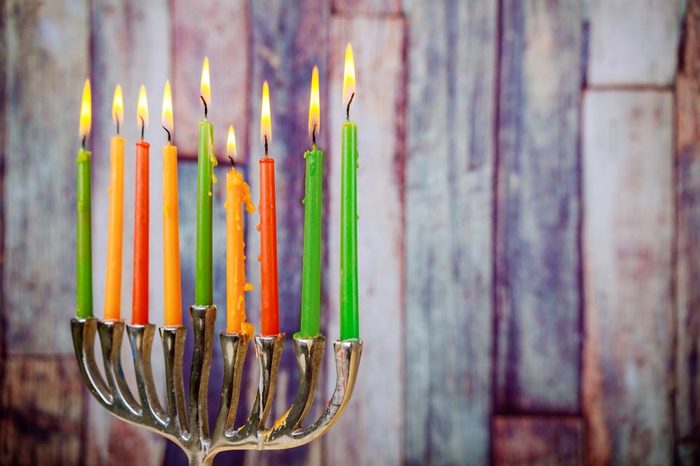 Jewish holiday hannukah symbols - menorah. Copy space background.
