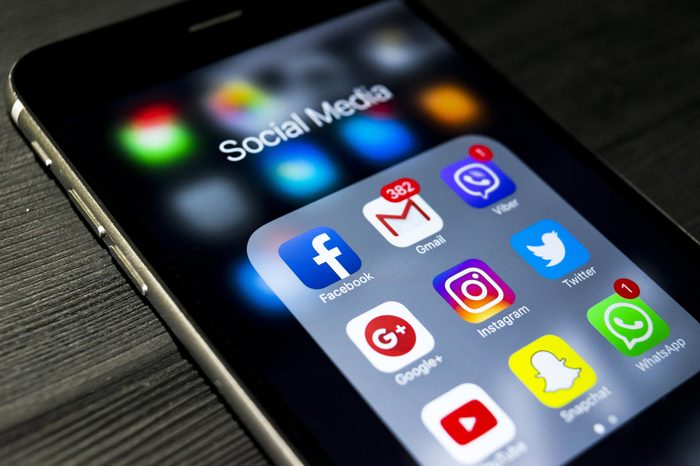 Sankt-Petersburg, Russia, September 24, 2017: iphone 6s plus with icons of social media on screen. Smartphone life style smartphone. Starting social media app.