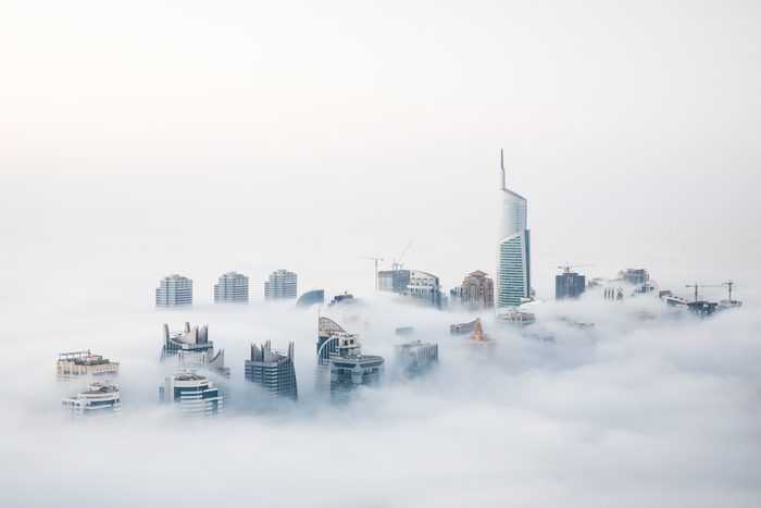 When cold desert air meets warm ocean air at the start of the winter, Dubai witnesses a unique sight of world’s highest skyscrapers drowning in fog. Dubai, UAE.