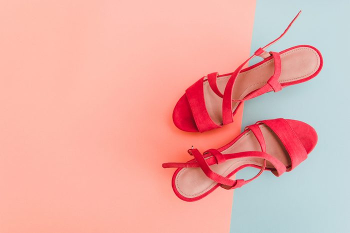 Summer Sandals on pastel backgrounds. Fashion style Minimalism Set. Flat lay, Top view.