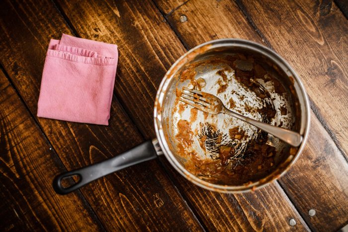 Dirty Pan After a Dinner on a Table. That was the meal of a Student or a teenager