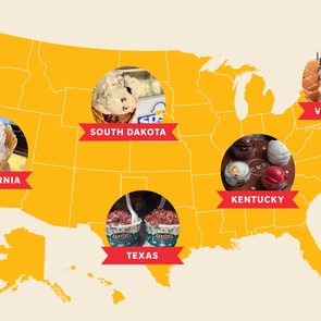 Ice cream images placed on a U.S. map, represent flavors from California, Vermont, South Dakota, Texas, and Kentucky. States are highlighted in yellow.