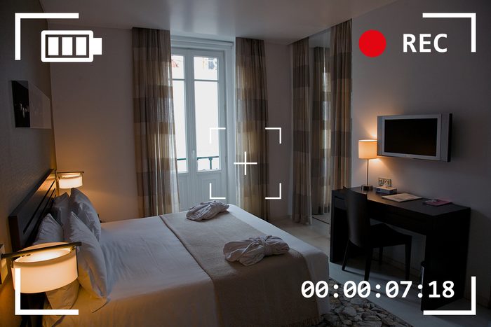 overview of hotel room with camera viewfinder overlay