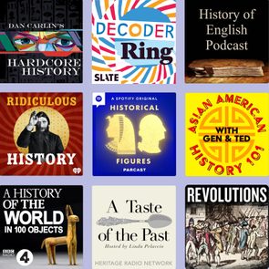 Nine podcast covers displayed in a 3x3 grid, featuring various historical themes with colorful designs and text titles.