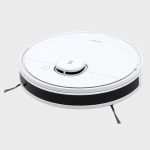 Circular robotic vacuum cleaner resting on a plain surface, displaying the brand 