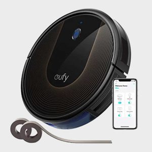 A circular robot vacuum labeled â€œeufyâ€ on a white background, next to two boundary strips and a smartphone displaying a control app interface.