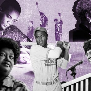 Collage showing individuals reading, batting, protesting, and speaking in historical context with muted purple tones. No text present.