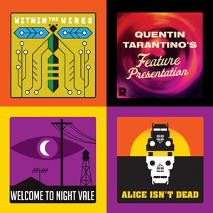 Squares display podcast covers: insect circuitry, swirling text, town landmarks, truck skull. Texts: 