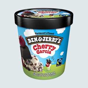 Ben & Jerryâ€™s Cherry Garcia ice cream container features cherries, fudge flakes, and a cow in a field, set against a blue sky with clouds.