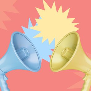 Blue and yellow megaphones face each other against a pink background with overlapping starburst patterns in yellow and blue.