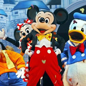 Characters pose energetically; Mickey Mouse, Goofy, and Donald Duck stand amidst a playful, colorful castle background.