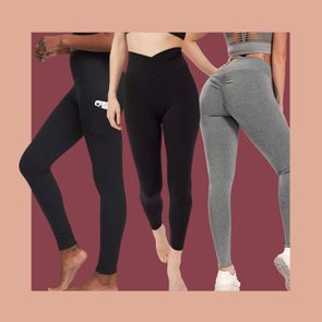 Three people wearing different styles of leggings standing, showcasing black and gray designs against a solid, maroon background.