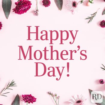 Text reads "Happy Mother's Day!" surrounded by pink flowers and leaves on a light pink background.