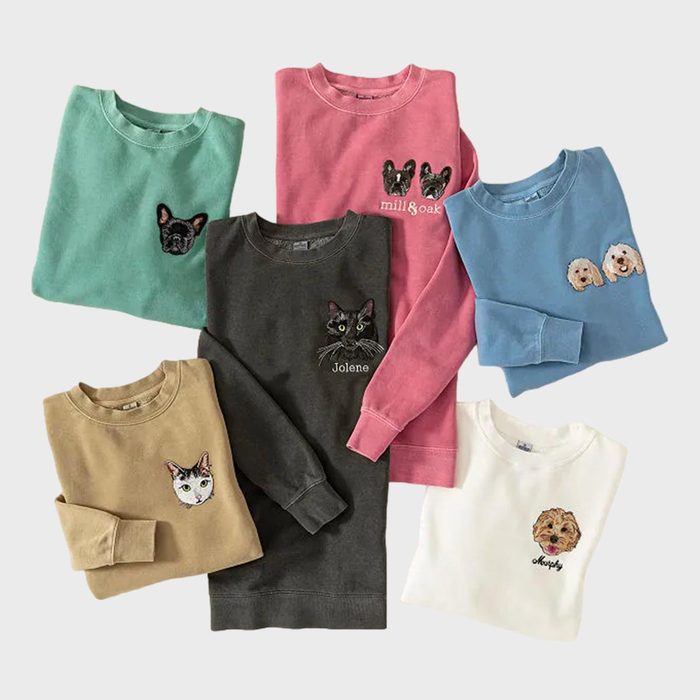 Six colorful sweatshirts display embroidered animal faces, arranged neatly on a plain background. Some have names: 