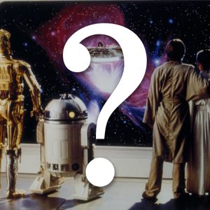 Two droids and two humans gaze at a starry space scene through a large window aboard a spacecraft, marked by a large question mark.
