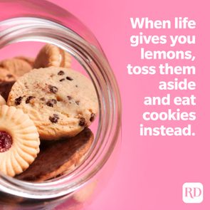 Cookies sit inside an open glass jar on a pink background. Text reads: 