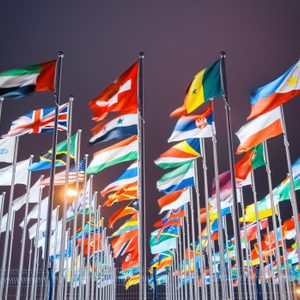 Numerous flags wave atop poles, illuminated against a dark, cloudy sky, creating a vibrant display of international symbols.