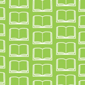 White open book icons repeat in rows, set against a vibrant green background.