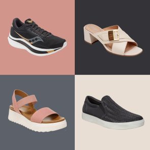 Four shoes are displayed against colored backgrounds: black sneaker, beige heeled sandal, pink platform sandal, and black woven slip-on sneaker.