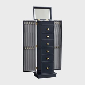 A dark cabinet opens to reveal drawers and a mirror, with striped side doors, in a minimalist setting.