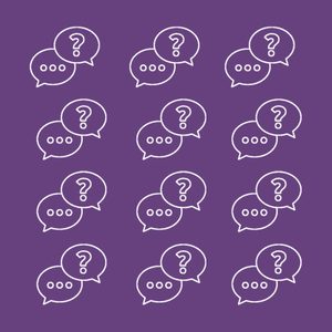 Speech bubbles display question marks and ellipses, arranged in a grid on a purple background.