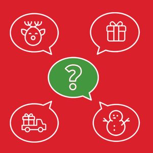 A green speech bubble with a question mark is surrounded by holiday-themed red speech bubbles: reindeer, present, truck, and snowman.