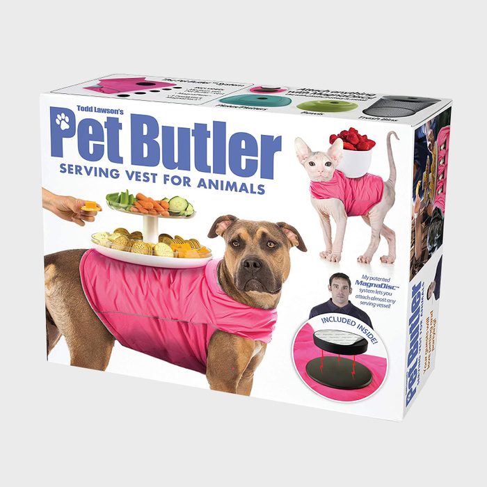 Dog wearing pink vest holds serving tray, orange plate on back. Cat in similar vest. White background with product text: 