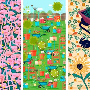 Flamingos standing densely, gardening tools scattered in a vibrant garden, and a rabbit among carrots near sunflowers against a picket fence.