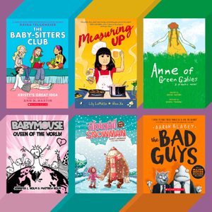 Six colorful book covers arranged in a grid, each displaying illustrated characters, titles, and author names with varied designs and backgrounds.