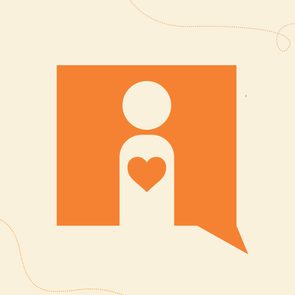Icon features a person outline with a heart, inside an orange speech bubble, against a light beige background with dotted lines.