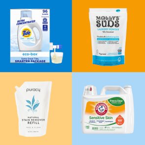 Various eco-friendly laundry products displayed against colorful backgrounds, featuring brands like Tide, Molly's Suds, Puracy, and Arm & Hammer, highlighting their packaging and uses.