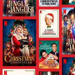 Movie posters display various Christmas films, featuring festive imagery and celebratory characters, promoting holiday entertainment on a red background.