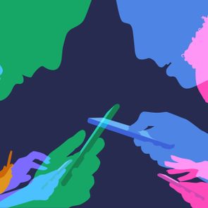 Silhouettes holding phones face each other, depicted in overlapping layers of vibrant colors on a dark background.