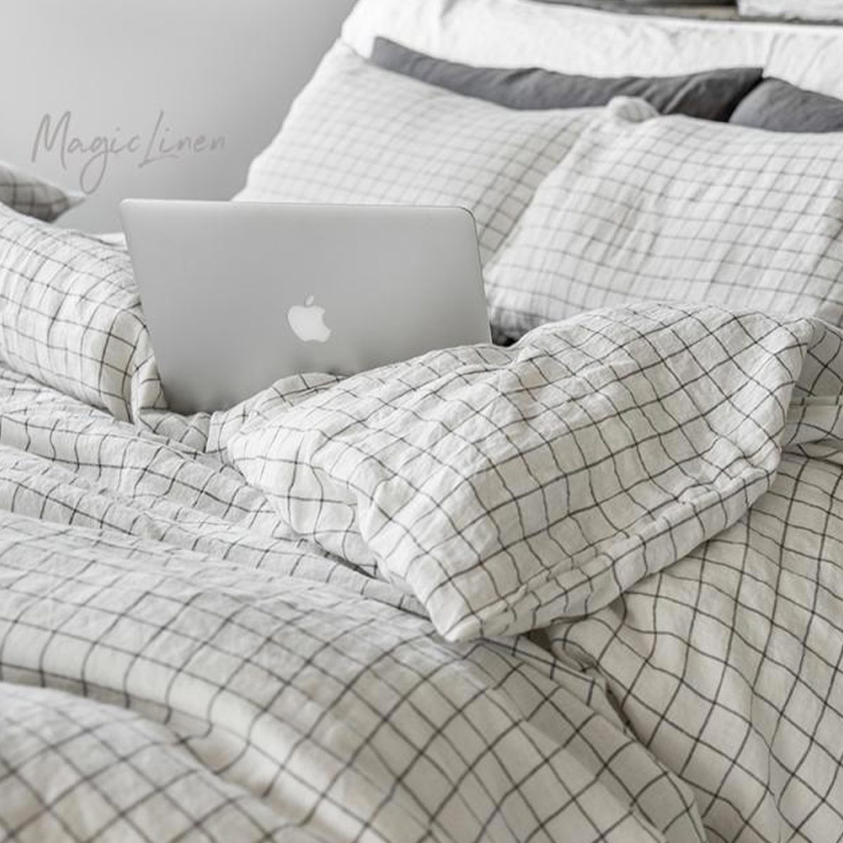Magic Linen Charcoal Grid Linen Sheet Set