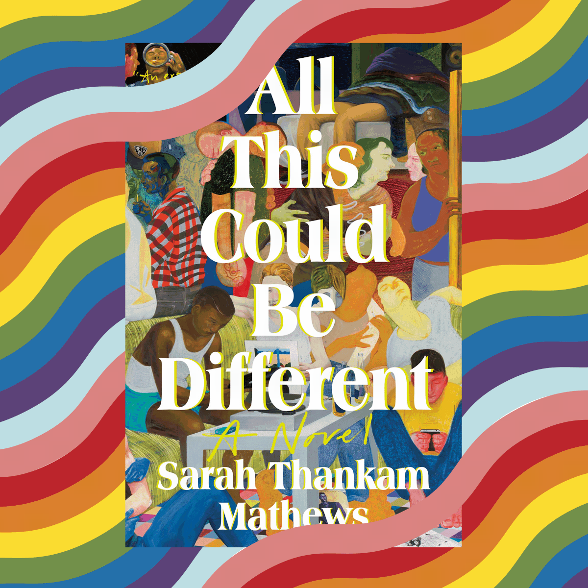Abstract figures display varied interactions surrounded by bold rainbow stripes. Text reads: 