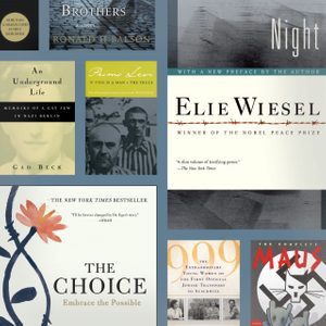 Collage displays Holocaust-themed book covers, showcasing various titles and designs in a grid format.