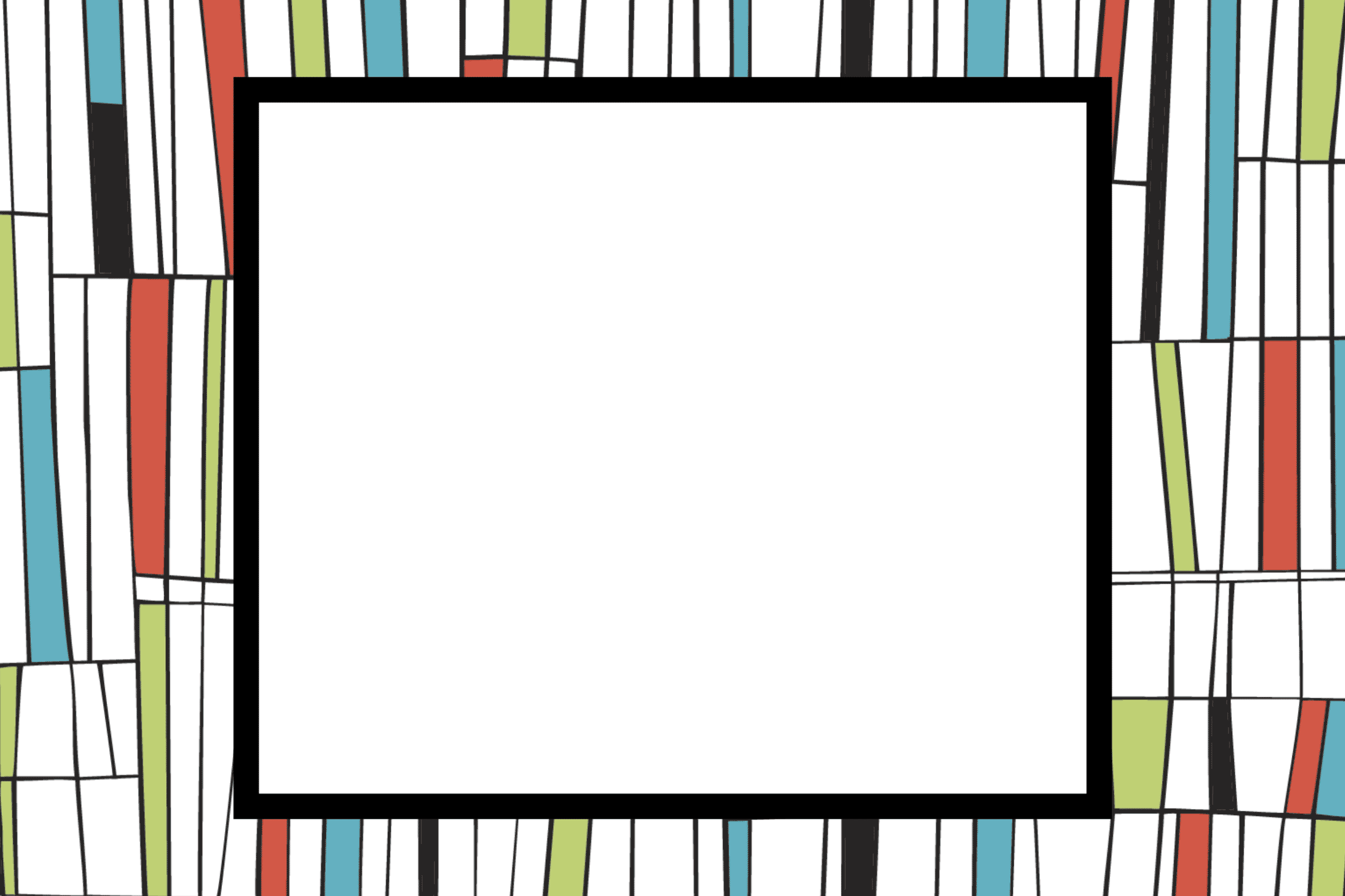 White rectangle bordered by colorful vertical lines; red, blue, green bars on white background.