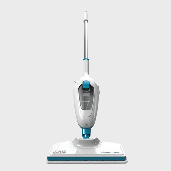 A steam mop stands upright against a plain background, displaying a sleek white and blue design with the words 